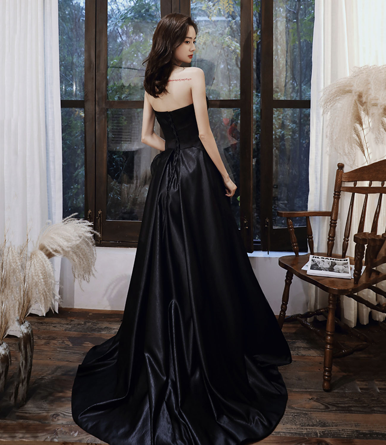Black satin tulle high low prom dress evening dress  10443