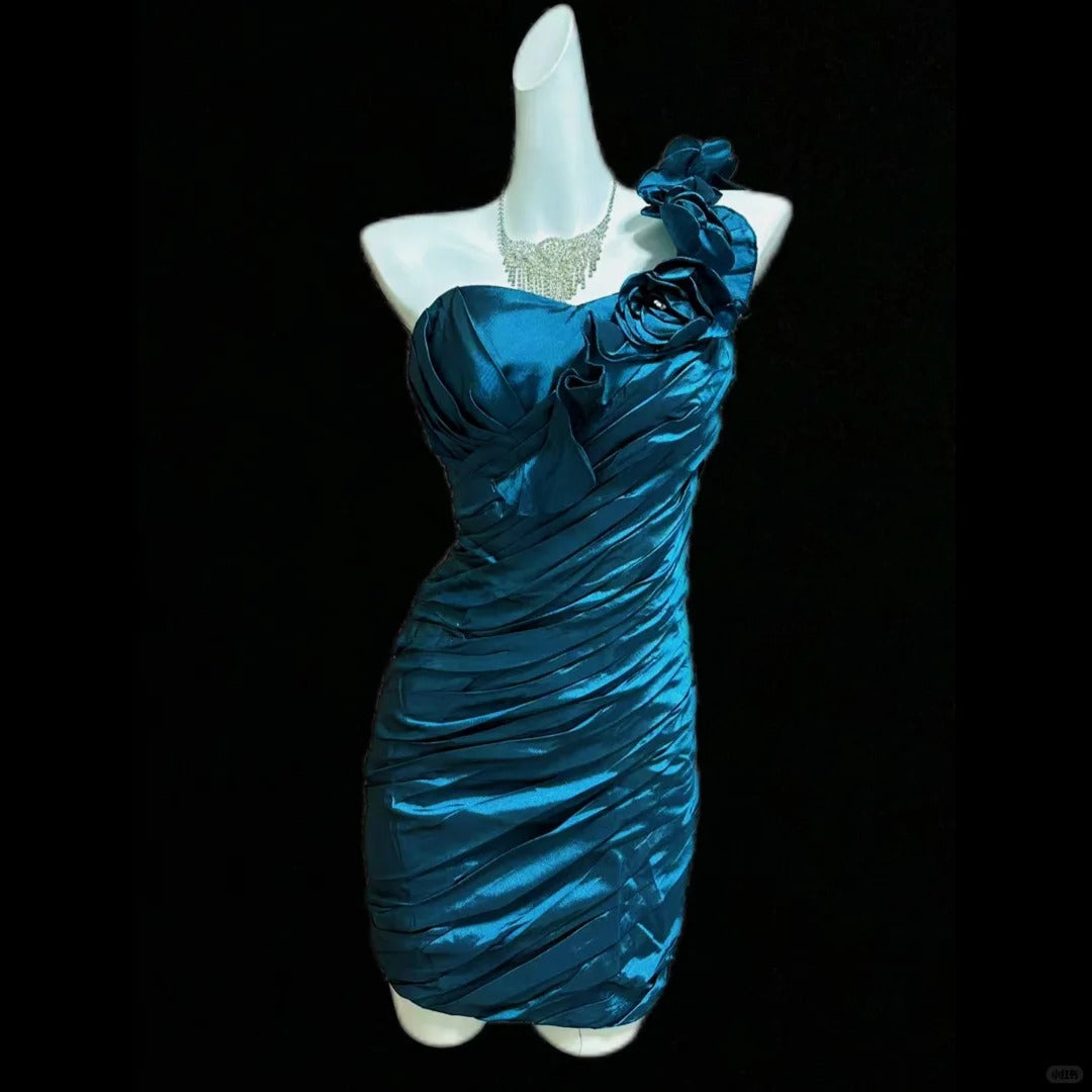 Blue Floral Short Satin Homecoming Dress Prom Dress Birthday Dress gh4638