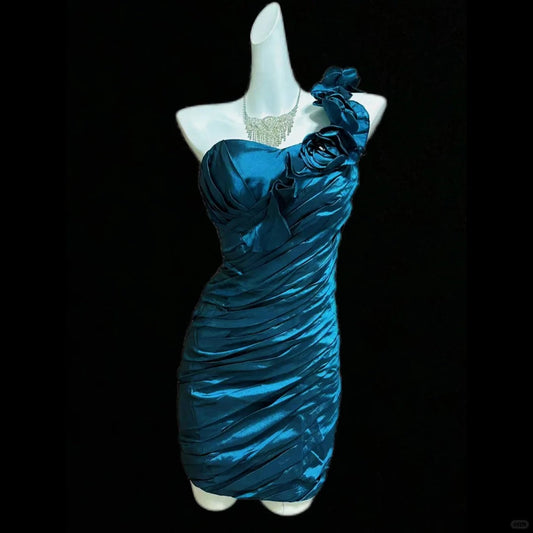 Blue Floral Short Satin Homecoming Dress Prom Dress Birthday Dress gh4638