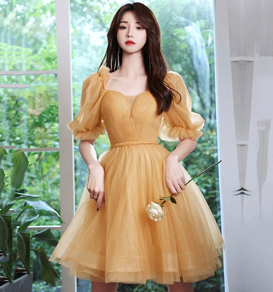 Yellow tulle short prom dress party dress  8975