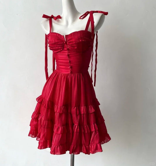 amakanas--Red Spaghetti Strap Short Chiffon Homecoming Dress gh5686