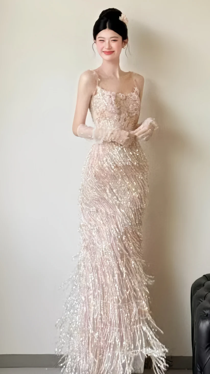 Sparkle Appliques Sheath Prom Dresses Tassel Night Dance Dress cg26085