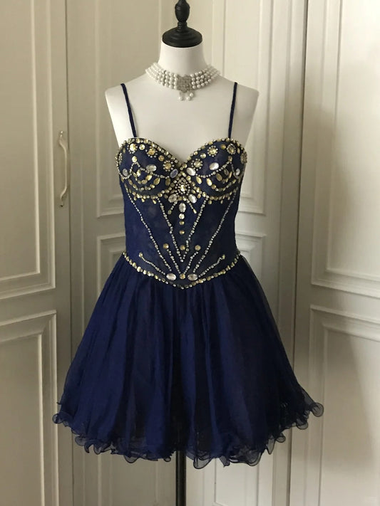 __Dark blue shiny retro princess short homecoming dress beaded tulle ball gown evening dress gh4393