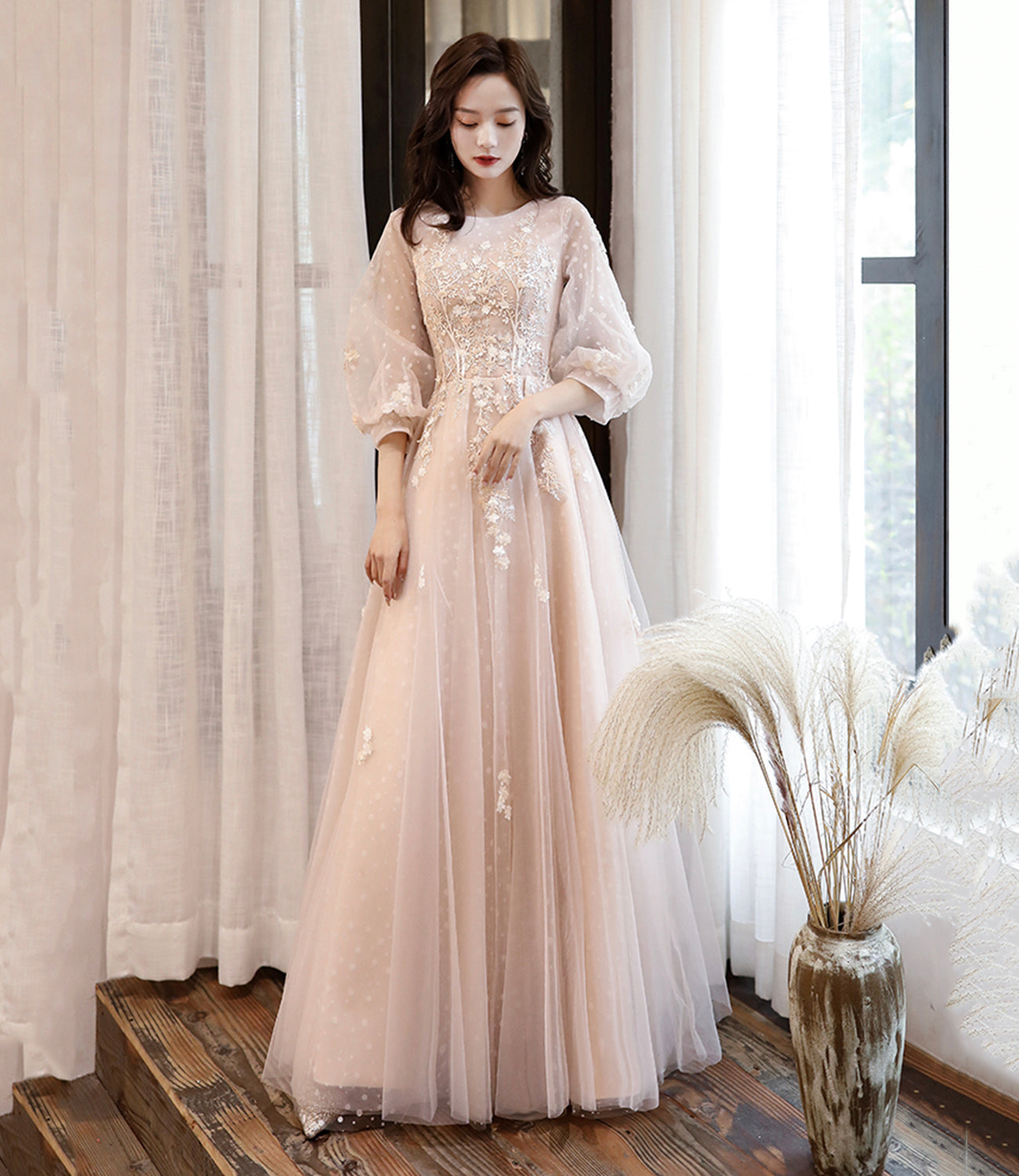 Pink Elegant Fashion A-line Lace Long sleeves Long Tulle Ball Gown Evening Gown Bridesmaid Dress  10468