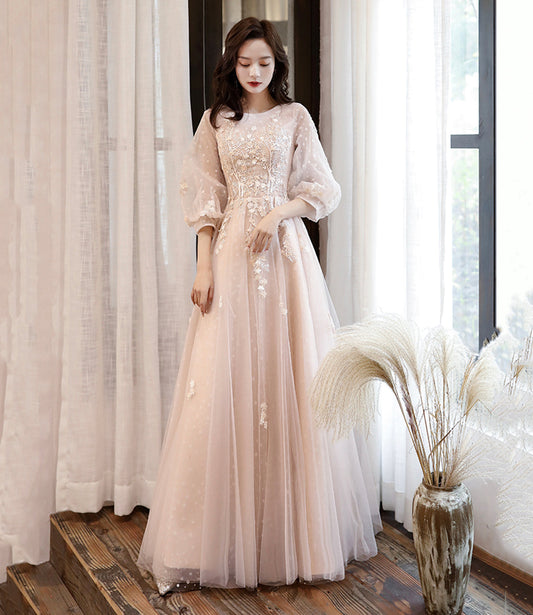 Pink Elegant Fashion A-line Lace Long sleeves Long Tulle Ball Gown Evening Gown Bridesmaid Dress  10468