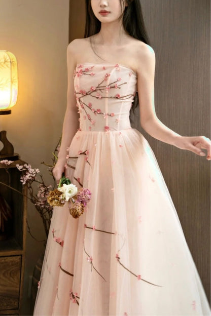 amakanas- Vintage Peach Pink Plum Blossom 3D Embroidered Strapless Tulle Chinese Style Evening Gown gh6034