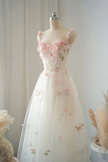 amakanas- Vintage Pink-White 3D Floral Gradient Tulle Spaghetti Strap Forest-Style Evening Gown gh6039