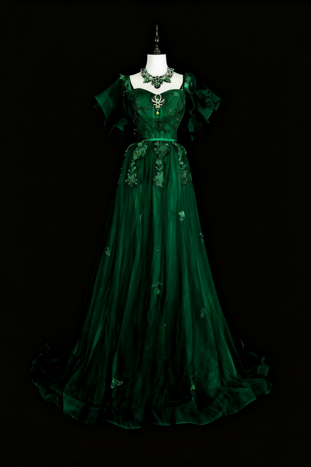 amakanas-Green vintage-style delicate floral short-sleeved long tulle ball gown gh6133