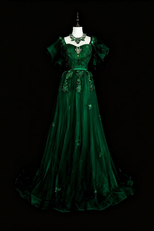 amakanas-Green vintage-style delicate floral short-sleeved long tulle ball gown gh6133