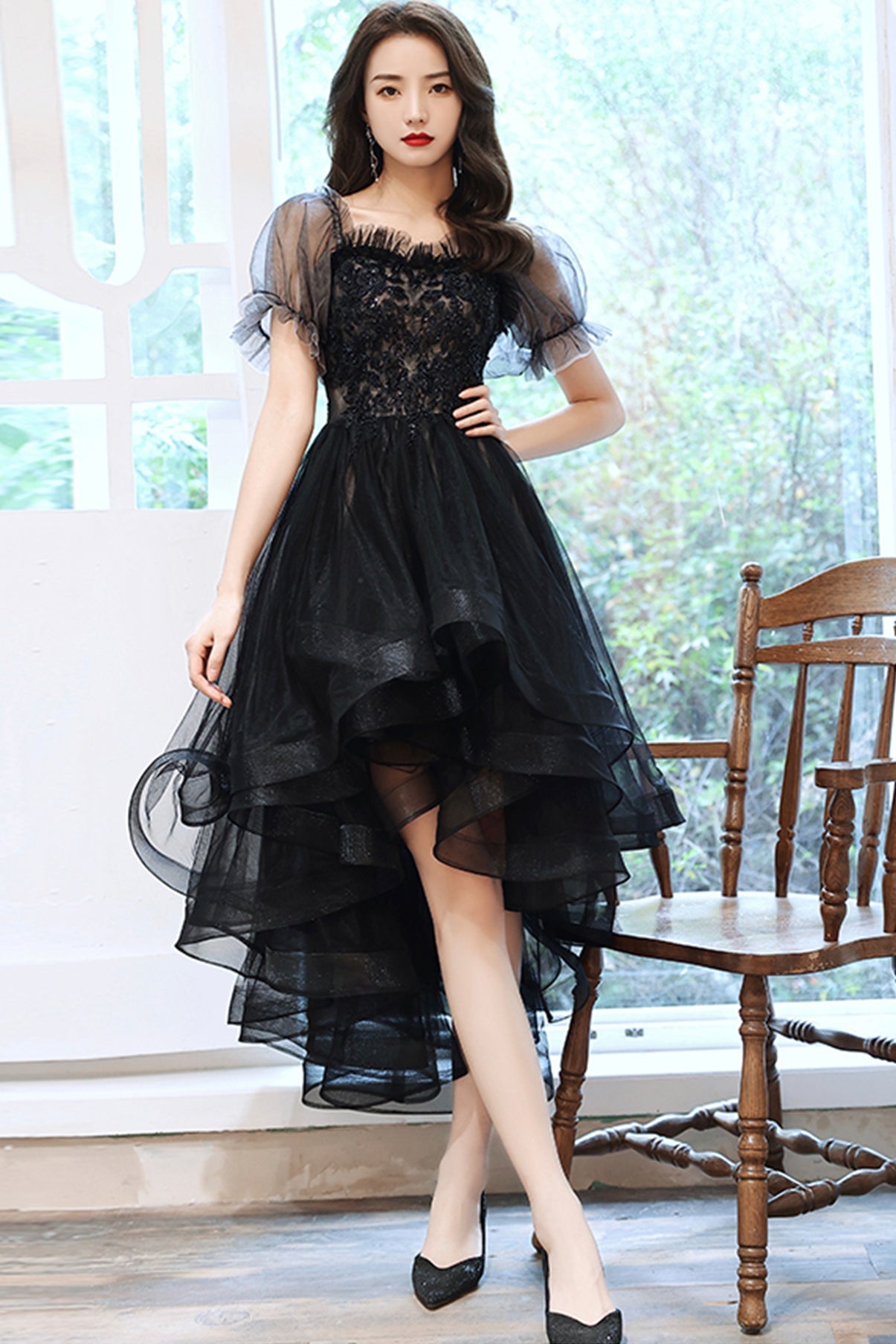 Black tulle lace high low prom dress party dress  8743