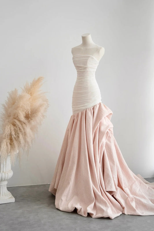 amakanas- Vintage Pink-White Contrast Ruched Strapless Mermaid Long Evening Gown gh6091