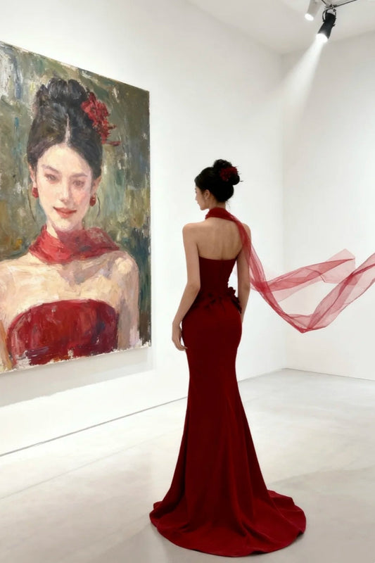 amakanas-Red Floral Bodycon Satin Floor-Length Ball Gown Prom Dressgh5960