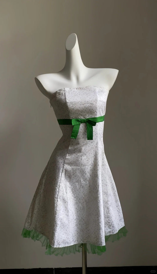 amakanas-White Floral Vintage Green Bow Short Satin Homecoming Dress Birthday Dress gh5361