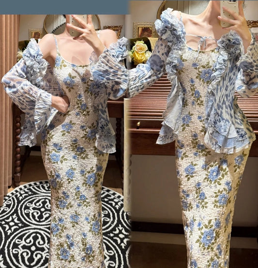 amakanas-(Excluding jacket)Blue Floral Long Chiffon Prom Dress gh5977