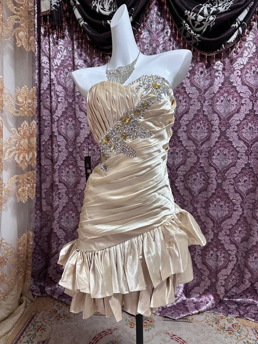 Champagne Beaded Short Ruffle Satin Homecoming Dress Prom Dress Birthday Dress gh4633