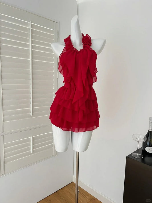 Red floral homecoming dress short chiffon summer beautiful seaside vacation sexy halterneck two piece set gh4561