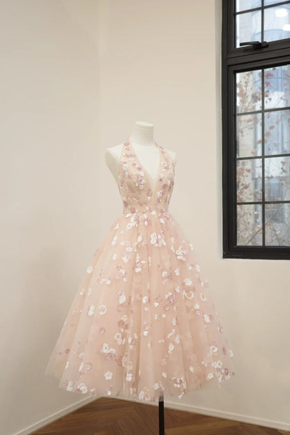 amakanas-Pink floral fashion long tulle sequin homecoming dress birthday dress Prom dress evening dress gh5071