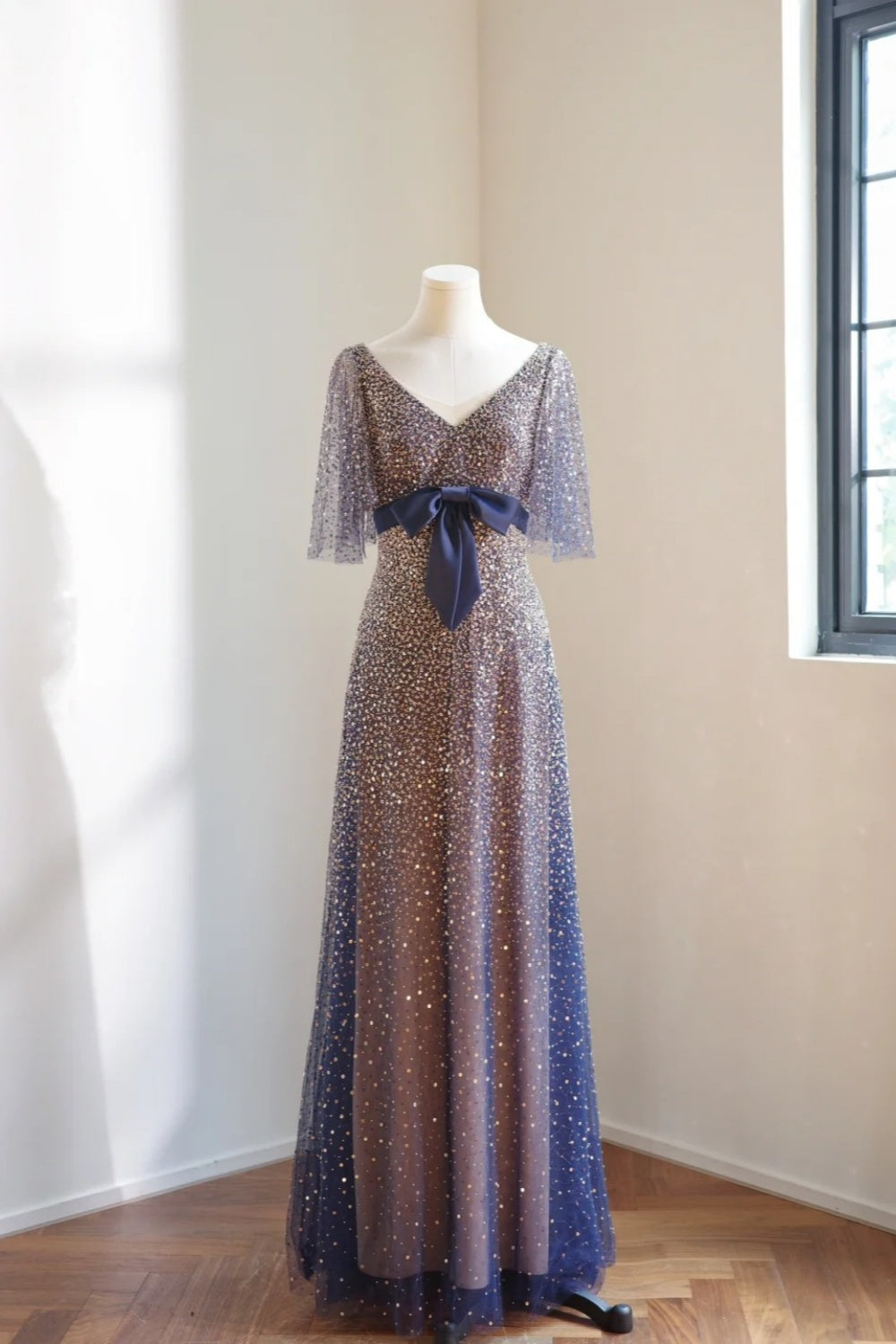 amakanas-Vintage Blue-Gold Gradient V-Neck Sequin Bow Long Evening Gown gh6030