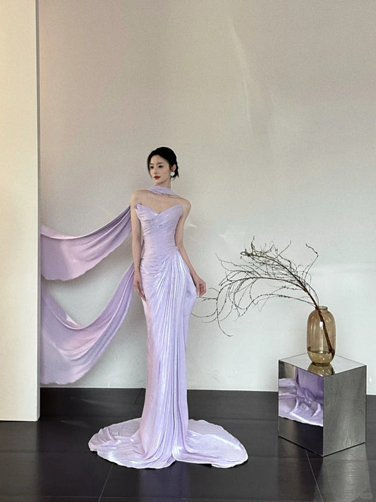 Romantic Purple Elegant Fashionable Elegant Long Satin Mermaid Slim Floor Length Train Ball Gown Evening Dress Prom Dress gh3734