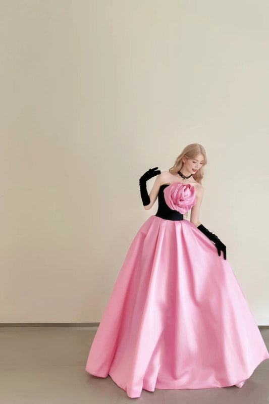 amakanas-Vintage Pink-Black Contrast 3D Floral Strapless Swing Court Style Evening Gown gh6029