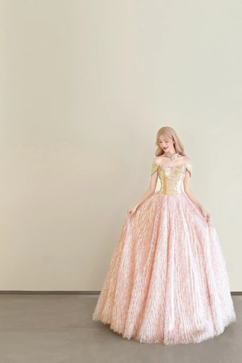 amakanas-Vintage Pink-Gold Contrast Off-Shoulder Court Style Evening Gown gh6027