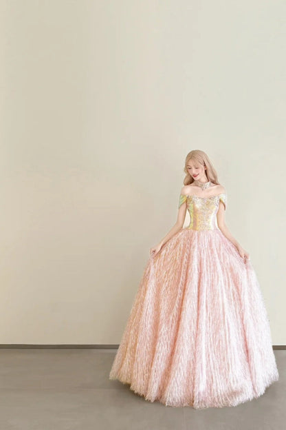 amakanas-Vintage Pink-Gold Contrast Off-Shoulder Court Style Evening Gown gh6027