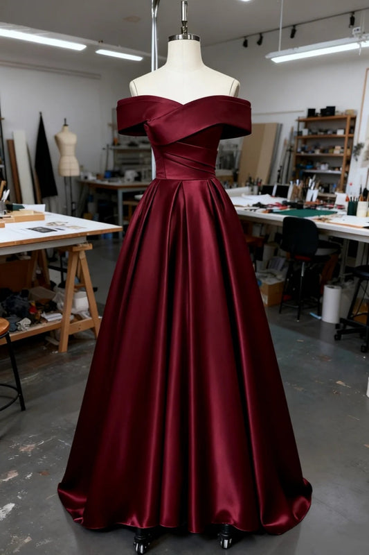 amakanas-Burgundy off-shoulder satin long dress gh6161