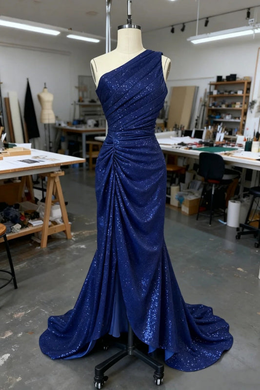 amakanas-Blue One-Shoulder Fashion Shimmering Sequined Long Train Dress gh6169