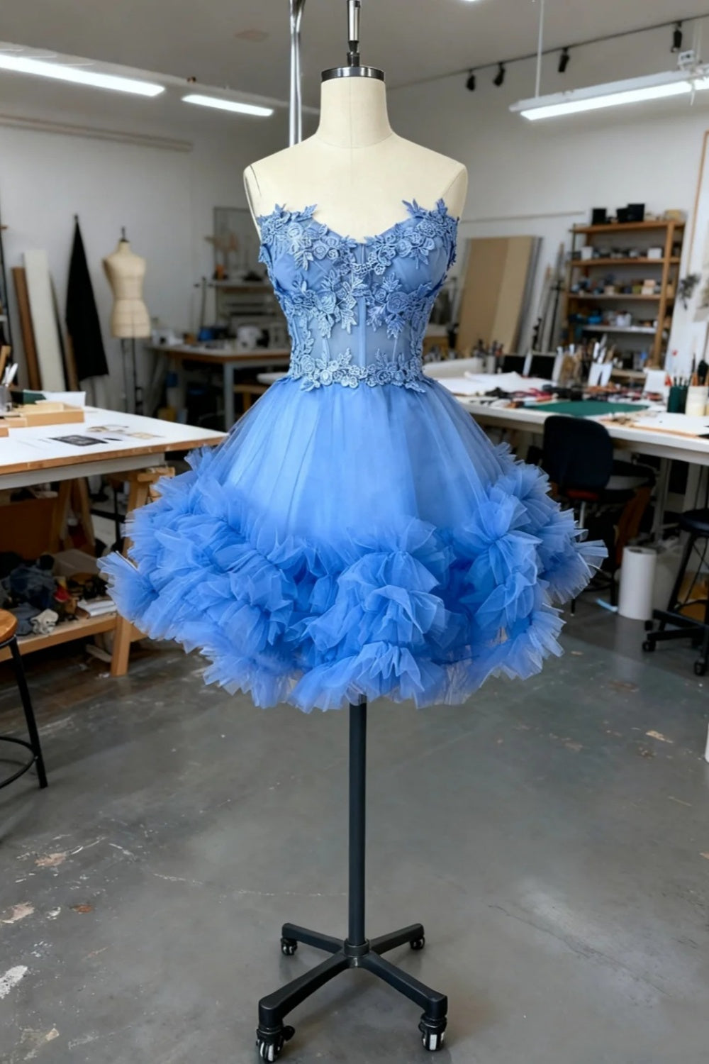 amakanas-Blue Delicate Beaded Short Tulle Dress, Homecomming Birthday Dress gh6163