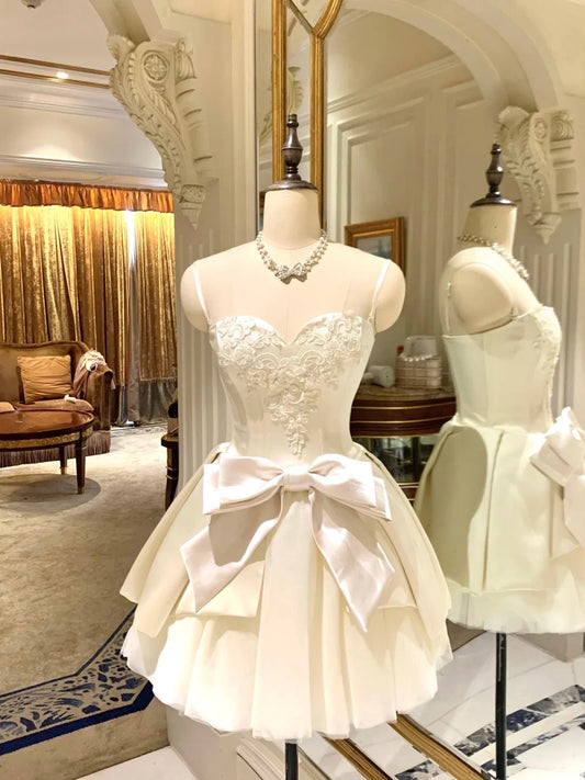 amakanas-White bow short satin tulle homecoming dress birthday party dress eighth grade dress gh5292