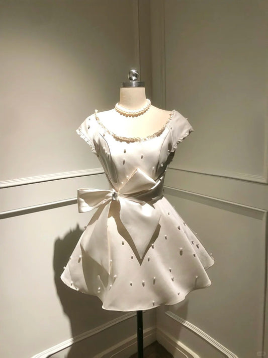 amakanas-White Beaded Short Satin Eighth Grade Dress Homecoming Dress Birthday Party Dress gh5291