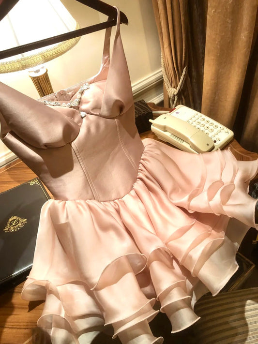 amakanas-Pink short satin tulle homecoming dress birthday party dress eighth grade dress gh5293