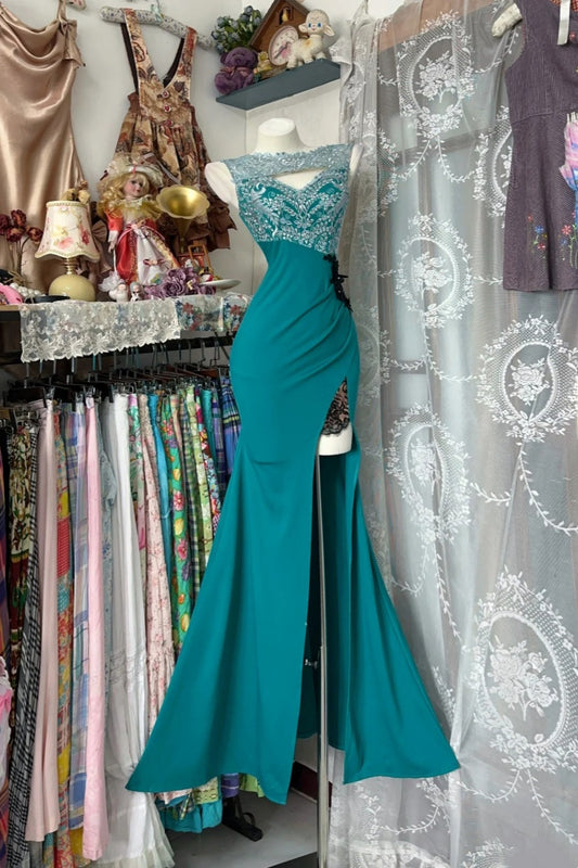 amakanas-Green retro-style long satin dressgh6126