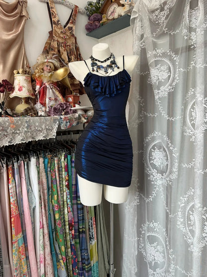 amakanas-Navy blue shiny vintage short satin tight homecoming dress birthday dress gh5231