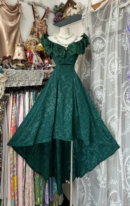 amakanas-Green vintage short front and long back satin homecoming dress birthday dress gh5225