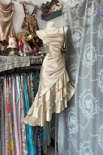 amakanas-Champagne Short Ruffle Satin Homecoming Dress Birthday Dress gh5246