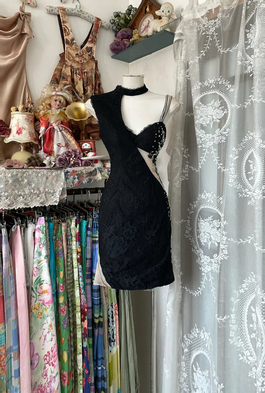 amakanas-Black beaded vintage short lace chiffon homecoming dress birthday dress cocktail party dress gh5228