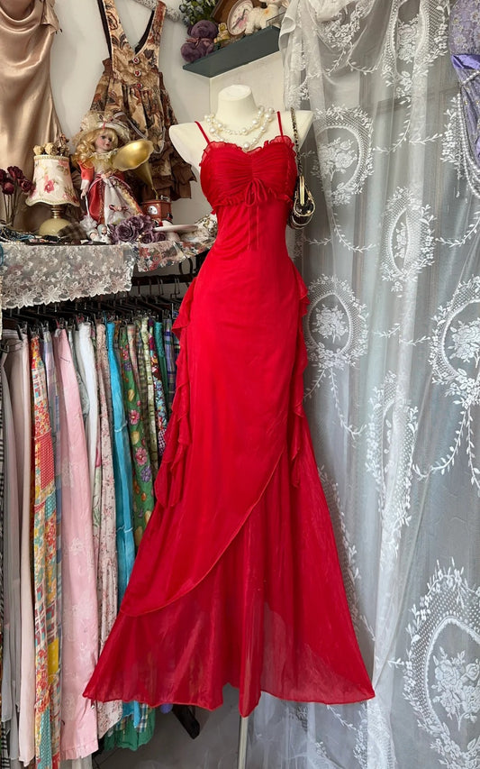 amakanas-Red vintage long chiffon Prom Dress homecoming dress birthday dress gh5229