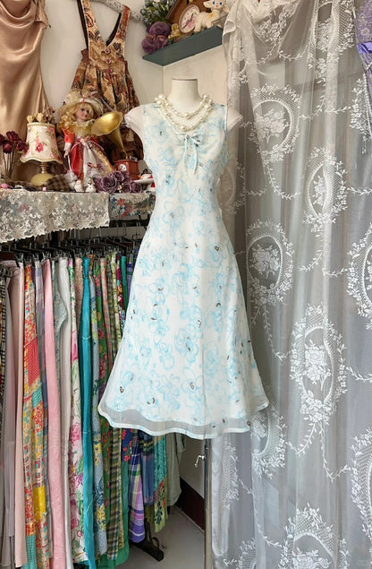 amakanas-Blue Floral Midi Chiffon Homecoming Dress Party Gown gh5247