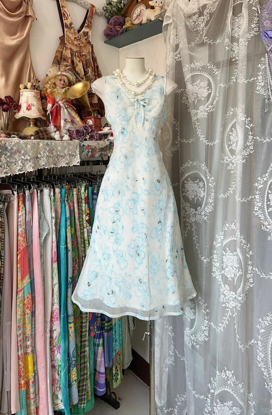 amakanas-Blue Floral Midi Chiffon Homecoming Dress Party Gown gh5247