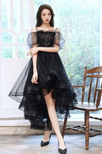 Black tulle lace high low prom dress party dress  8743