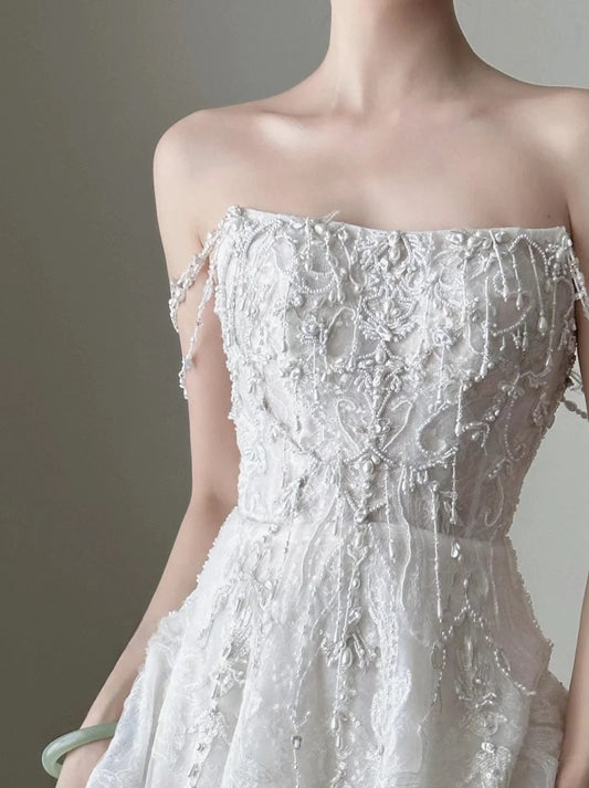 amakanas- Vintage White Beaded Embroidery Strapless Long Train Court Style Wedding Gown gh6096