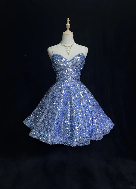 Blue Shiny Princess Sequin Short Fashion Homecoming Dress Prom Dress Evening Dress Elsa's Ice Party gh4367