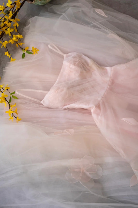 amakanas- Vintage Pink Tulle 3D Floral Spaghetti Strap Long Forest-Style Evening Gown gh6094