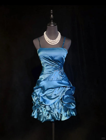 Blue Beaded Short satin Homecoming Dress Prom Dress Evening Dress gh4538
