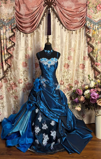 amakanas-Vintage Deep Sea Blue 3D Floral Embroidered Long Train Court Style Evening Gown gh6032