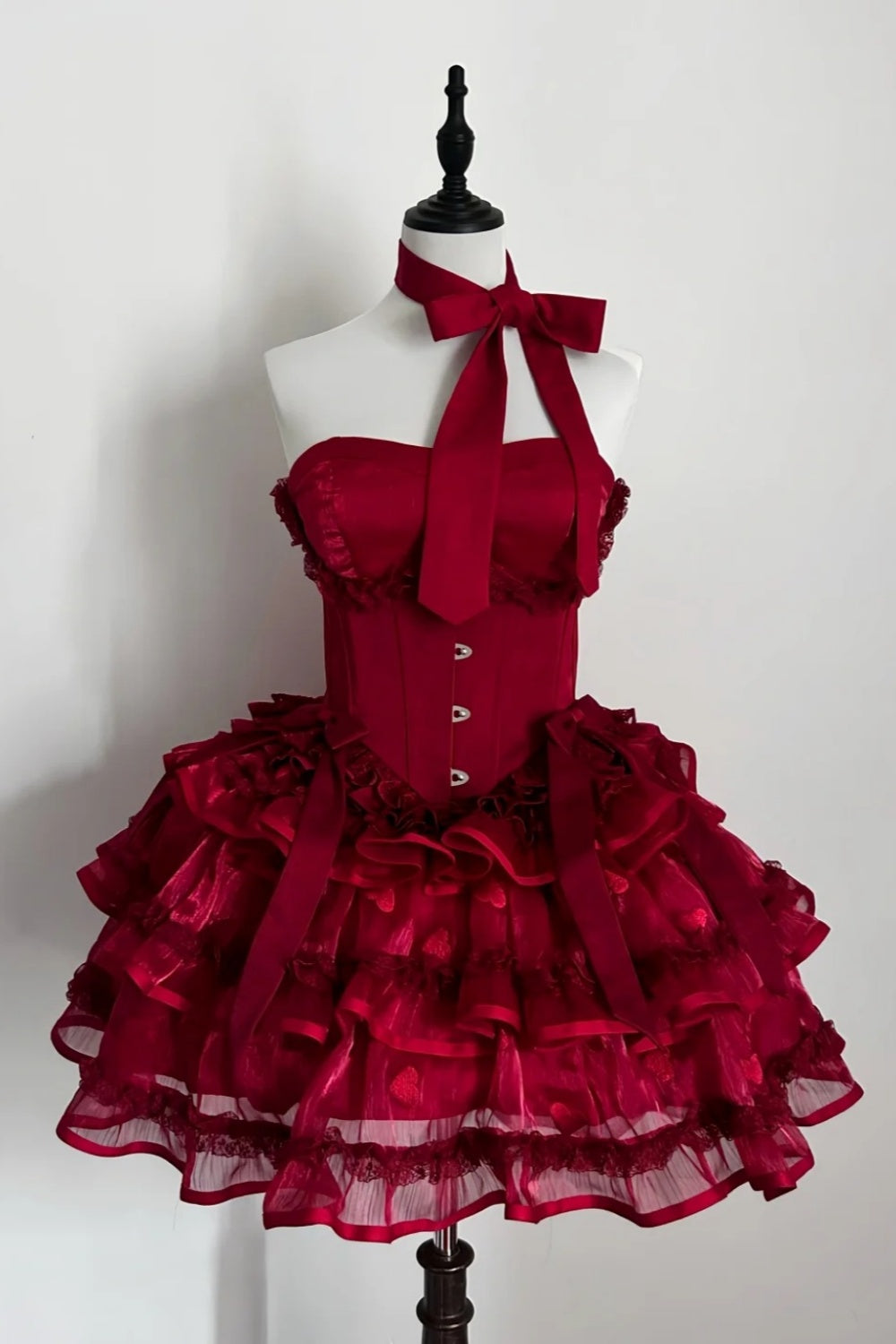 amakanas-Long sleeve/sleeveless Vintage Wine Red Lolita Bow Lace Tiered Short Party Dress gh6031