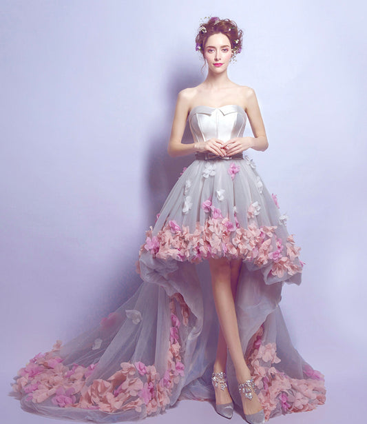 Cute tulle high low prom dress white evening dress  8899