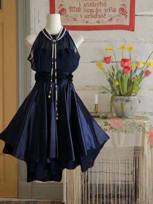 amakanas--Navy blue satin retro halter neck elegant satin simple homecoming dress gh5699