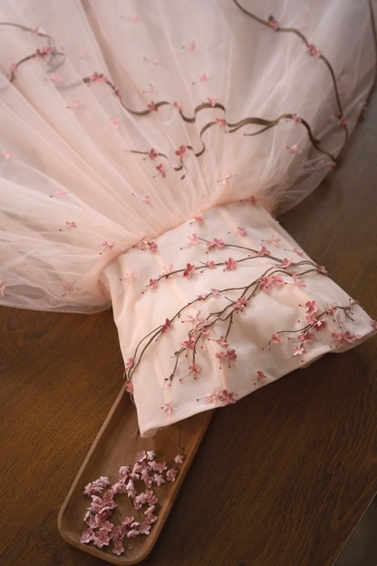 amakanas- Vintage Peach Pink Plum Blossom 3D Embroidered Strapless Tulle Chinese Style Evening Gown gh6034